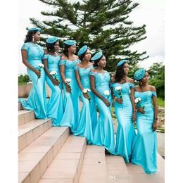 Blue Dresses Light Satin Bridesmaid Straps Lace Applique Beaded Ruched Pleats Floor Length Maid Of Honor Gown Vestidos Custom Made Plus Size