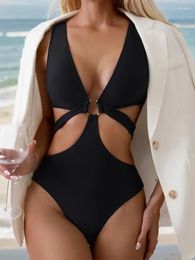 Women's Swimwear Sexy One Piece Suit V Neck Hollow Summer High Waist Halter Swimsuit For Women Backless Tied Bathing