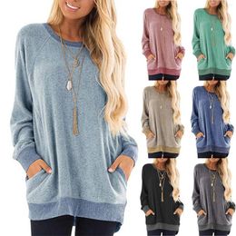 Women's T Shirts Women Casual Colour Block Long Sleeve O-Neck Pockets T-Shirts Sweatshirt Blouse