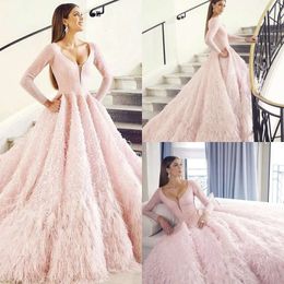 Appliqued Lace A Prom Feather Dresses Pink Line Plunging Neckline Long Sleeve Evening Dress Custom Made Formal Party Gowns