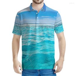 Men's Polos Fashion Blue Ocean Pattern Polo Shirt Men 3D Sea Printing Lapel Short Sleeve Blouse Summer Harajuku Tops Loose T-shirt