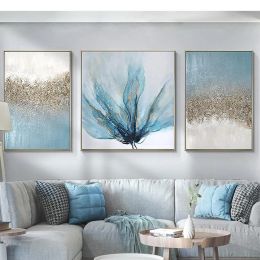 Stitch Blue Flowers And Abstract Quicksand 3 Pieces Set Diamond Painting Mosaic Wall Art Gold Foil For Living Room Home Decor Triptych