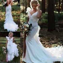 Mermaid Dresses v Neck 2021 Chapel Train Tiered Organza Ruffles Custom Made Country Wedding Bridal Vestido de Novia estido