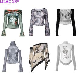 Y2K Vintage Lace Mesh See Through Long Sleeve T-Shirts Sexy Butterfly Floral Print Off-Shoulder Summer Tops Fashion Women Tees 240506