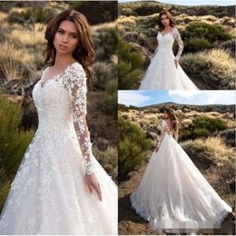 A 2019 Line Dresses Sleeves Long v V Neck Lace Train Sweep Train بالإضافة إلى حجم الزفاف العروس Vestido de Novia Ppliqued Estido