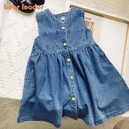 Girl Dresses Bear Leader Denim Sleeveless For Baby Girls Summer Fashion Solid Colour Casual Dress Kids Clothing 2-6 Years