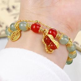 Charm Bracelets Gold Color Chain Chinese Lucky Character Imitation Jade Bracelet Unisex Apparel Accessories Korean Style