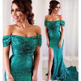 Pea Dresses 2021 Elegant Off Sequins Evening The Shoulder Mermaid Ruched Side Slit Sweep Train Formal Prom Party Gown Custom Made