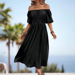 Casual Dresses Elegant Off Shoulder Long Dress Women Summer Slash Neck Puff Sleeve Holiday Solid Colour Waist Party Maxi