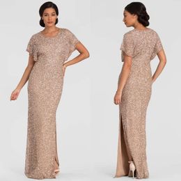 Mother Bride Sequin Sleeve Dresses Cap Of Lace Floor Length Split Side Evening Dress Jewel Neckline Celebrity Gowns