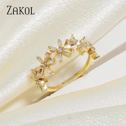 Cluster Rings ZAKOL Exquisite Gold Color Flower Zircon For Women Geometric Water Drop CZ Ring Bridal Wedding Jewelry