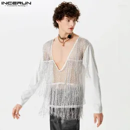 Men's T Shirts INCERUN Shirt Mesh Tassel Patchwork Transparent V Neck Long Sleeve Men Clothing Streetwear 2024 Fashion Party Tee Tops