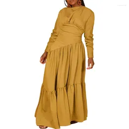 Casual Dresses Solid Long Sleeve Maxi Dress For Women Autumn Winter Hight Waist Ruched Ruffles Hem A-Line Club Party Robe Longue