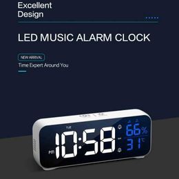 Desk Table Clocks USB Powered Music Digital Alarm Clock Temperature Humidity DST Touch Snooze Table Clock 2 Alarms 12/24H Night Mode LED Clock