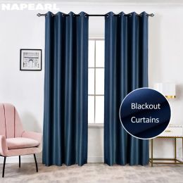 Curtains NAPEARL Modern Blackout Curtains For Living Room Bedroom Curtains For Window Treatment Drapes Blue Finished Blackout Curtains