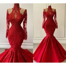Mermaid Evening Dresses Plus Long Red Size Sleeves Sequins Lace Applique Ruffles Custom Made Prom Party Gown Vestido Formal Ocn Wear