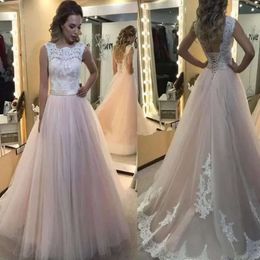 Bridal Dresses Pink Blush Wedding Gown A Line Scalloped Neck Lace Applique Sweep Train Backless Corset Back Tulle Custom Made Plus Size Vestidos De Novia pplique