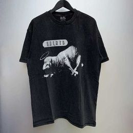 Men's T-Shirts New Vintage Wash Black Saint Michael T-shirt Sheep Lion Head Pattern PrintMen Woman Loose Best Quality Tops Tee J240506