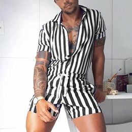 Men's Shorts Mens striped jumpsuit fashionable and casual Playsuit short sleeved button up short sleeved lapel jumpsuit Drawstring StreetwearL2405