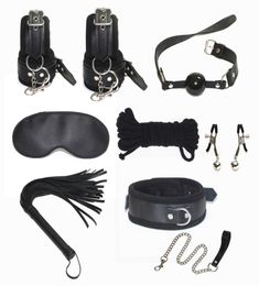 Black Leather Bondage Set Kit with sex Wrist Cuffs Mouth Gag Fetish Slave Restraint Whip Blindfold Rope Neck Collar3306779