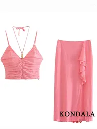 Work Dresses KONDALA Chic Sweet Solid Pink Sexy Holiday Women Suit Fashion Halter Blending Strapless Pleated Cami Top Long Split Layer Skirt