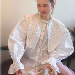 Women's Blouses Runway Korea Loose Shirts Long Lantern Sleeve Women Designer Embroidery Big Collar Tops NZ311