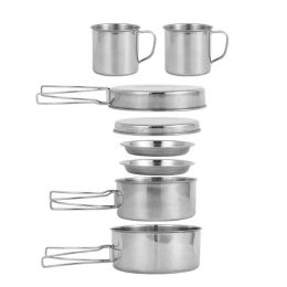 Cookware 8pcs Camping Cookware Set Stainless Steel Portable Outdoor Tableware Pot Bowl Dish Cup Outdoor Camping BBQ Picnic Accessories