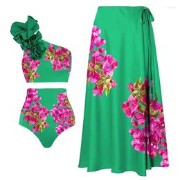 Women's Swimwear 2024 Vintage Rose Pink Bougainvillea Flower Printed Bikini Set Swimsuit And Skirt Women Beachwear Bathing Suit