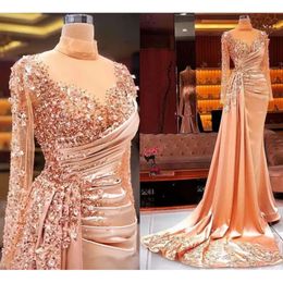 Evening Dresses Pink Mermaid Light Designer Satin Long Sleeves High Neck Custom Made Plus Size Formal Crystal Beaded Arabic Applique Prom Party Gown