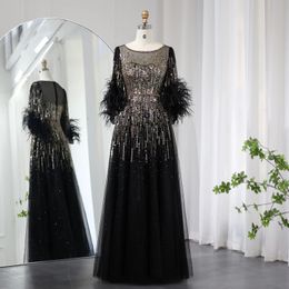 Sharon Said Luxury Feathers Black Dubai Evening Dresses for Women Elegant Fuchsia Arabic Half Sleeve Wedding Party Dress SS339 240425