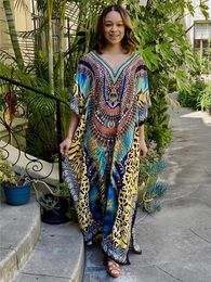 Boho Printed Women Beachwear Bathing Suit Cover Up Summer V Neck Dolman Sleeve Beach Dress Woman Tunic Caftan Sarong Q1199