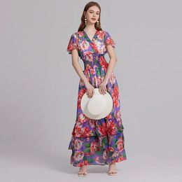 Summer Runway Holiday Flower Ruffles Cake Chiffon Dress Womens V-Neck Short Sleeve A-Line Pleated Beach Maxi Robe Long Vestidos 240426