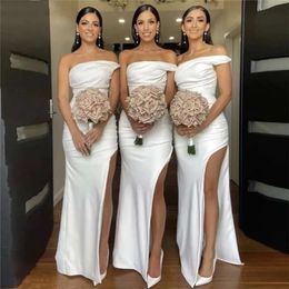 Mermaid Bridesmaid One White Dresses Shoulder Straps High Split Floor Length Ruched Sleeveless Satin Custom Made Plus Size Maid Of Honor Gowns