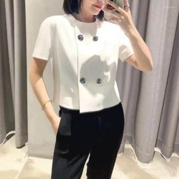 Women's Blouses Women Spring/Summer 2024 Double-breasted 70% Acetate Fiber Blended Round Neck Solid Short-sleeve Shirt