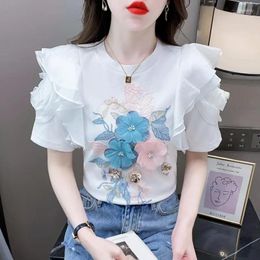 Women's T Shirts Ruffled White T-shirt Short-Sleeved Floral Tshirt 2024 Summer High-End Heavy Embroidery Flower Chic Top Tees J135
