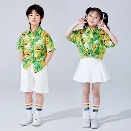 Clothing Sets Summer Kids Fashion Print Short Sleeve Shirt Top White Shorts Skirt Suit Children Streetwear Costume Stage Wear