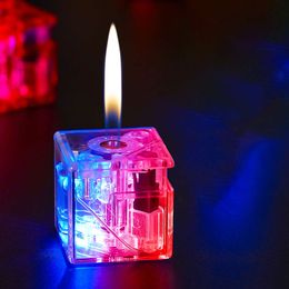 Mini Transparent Cube Shape Iatable Lighter LED Light Classic Open Flame Gas Unfilled Cigarette Lighter
