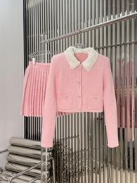Work Dresses 2024 Spring Luxury Fashion Women Pink Casual Sweater Cardigans With Pleated Mini Skirt Suits Sets For Female Ddxgz2 3.10