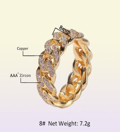 Men Women Hip Hop Cuban Link Chain Rings Cubic Zirconia 18K Gold Plated Iced Out Bling Bling Finger Jewelry 8mm Size 6115243096