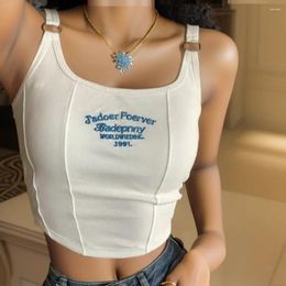 Women's Tanks Rin Y2K Crop Tops Women Embroidery Letter Tank With Bra Pad Shoulder Belt Iron Ring 2024 Spring Summer