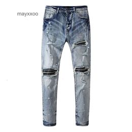 Mens Amiirii Purple Jeans와 Mens Fashion Jean 2024 Demin 구멍 씻은 바지를 입고 슬림 한 적합한 캐주얼 다목적 패션 hdwq.