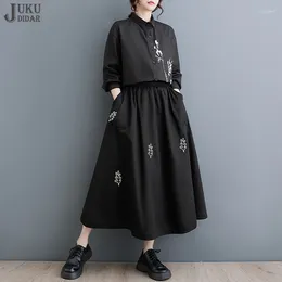 Work Dresses Embroidery Two Pieces Set Spring Korean Style Woman Loose Fit Tide Black Oversized Shirt And Skirt Casual Wear Outfit JJSE053