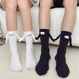 Women Socks 2 Pairs Fashion Funny Creative Magnetic Attraction Hands Black White Cartoon Eyes Couples