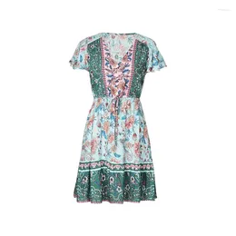 Party Dresses Summer Bohemian Dress Fashionable Printed V-Neck Short Sleeves With Flower Tune Waist Ethnic Leisure Vacation Style 2024