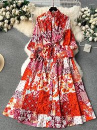 Casual Dresses Spring Summer Holidays Floral Print Chiffon Robe Dress For Women's Stand Long Lantern Sleeve Lace Up Belt Loose Maxi Vestidos
