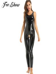 Women039s Sex Latex suit Catsuit Bodysuit Wet Look Patent Leather body suit Sleeveless Crotchless Leotard Jumpsuits Night Clubw7498186