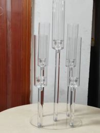 Candles 1pc 2022 New High Clear Candle Holder Wedding Centerpiece Acrylic 5 Arms Candle Holder/or 6pcsLED Candles for Party and Wedding
