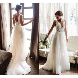 Newest Lace Applique Dresses 2020 A Line Plunging V Neck Tulle Sleeveless Sweep Train Custom Made Wedding Gown Vestido De Novia estido