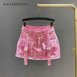 Skirts European Style 2024 Spring Workwear With Pocket Denim Skirt Women Clothes Younger Fashion Pink Colour A-line Slim-Fit Hip