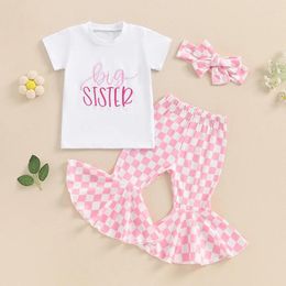 Clothing Sets Toddler Baby Girl Big Sister Bell Bottom Outfit Short Sleeve T Shirt Checkered Flare Pants Summer Fall Clothes